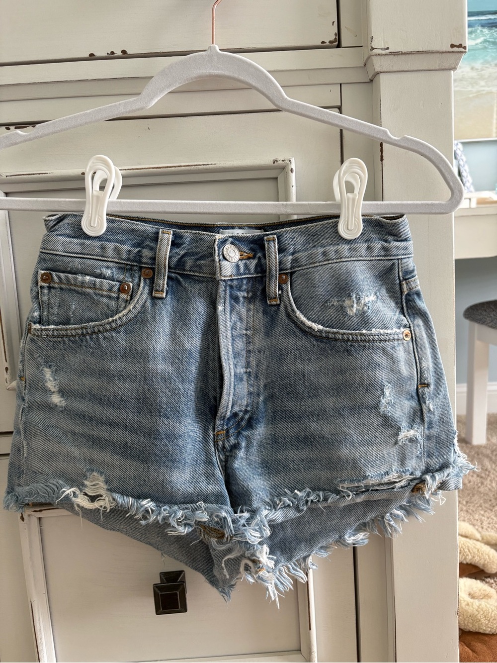 Agolde Light Blue Distressed Frayed Hem Denim Shorts